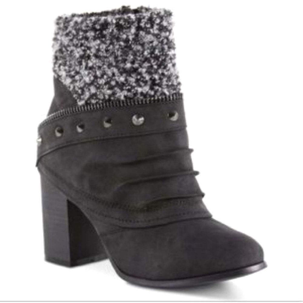 New Kisses by Two Lips Lexia punk rock metal stud black grey multi texture boots